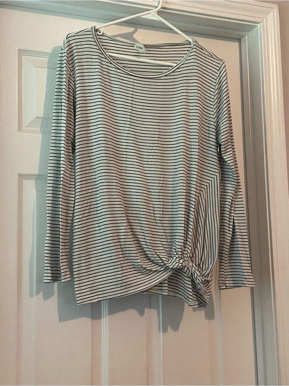 Ginger G Cream and Black Striped Long-Sleeve Knot Front Tee